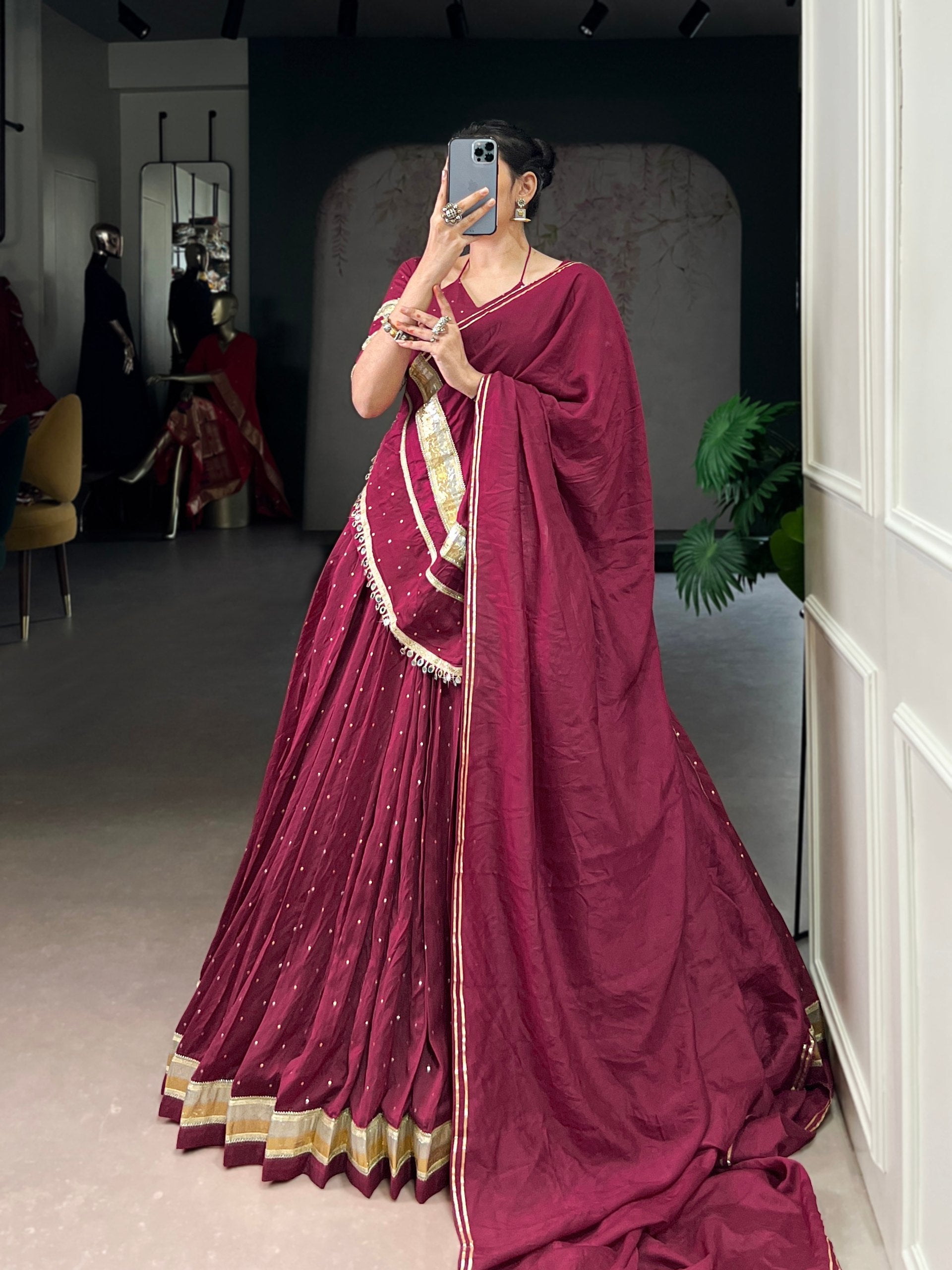 Burgundy Elegant Pure Chanderi Zari Weaving Lehenga Set with Embossed Design & Lace Touch-Up – 6-Meter Flair Stitched Lehenga, Blouse & Dupatta