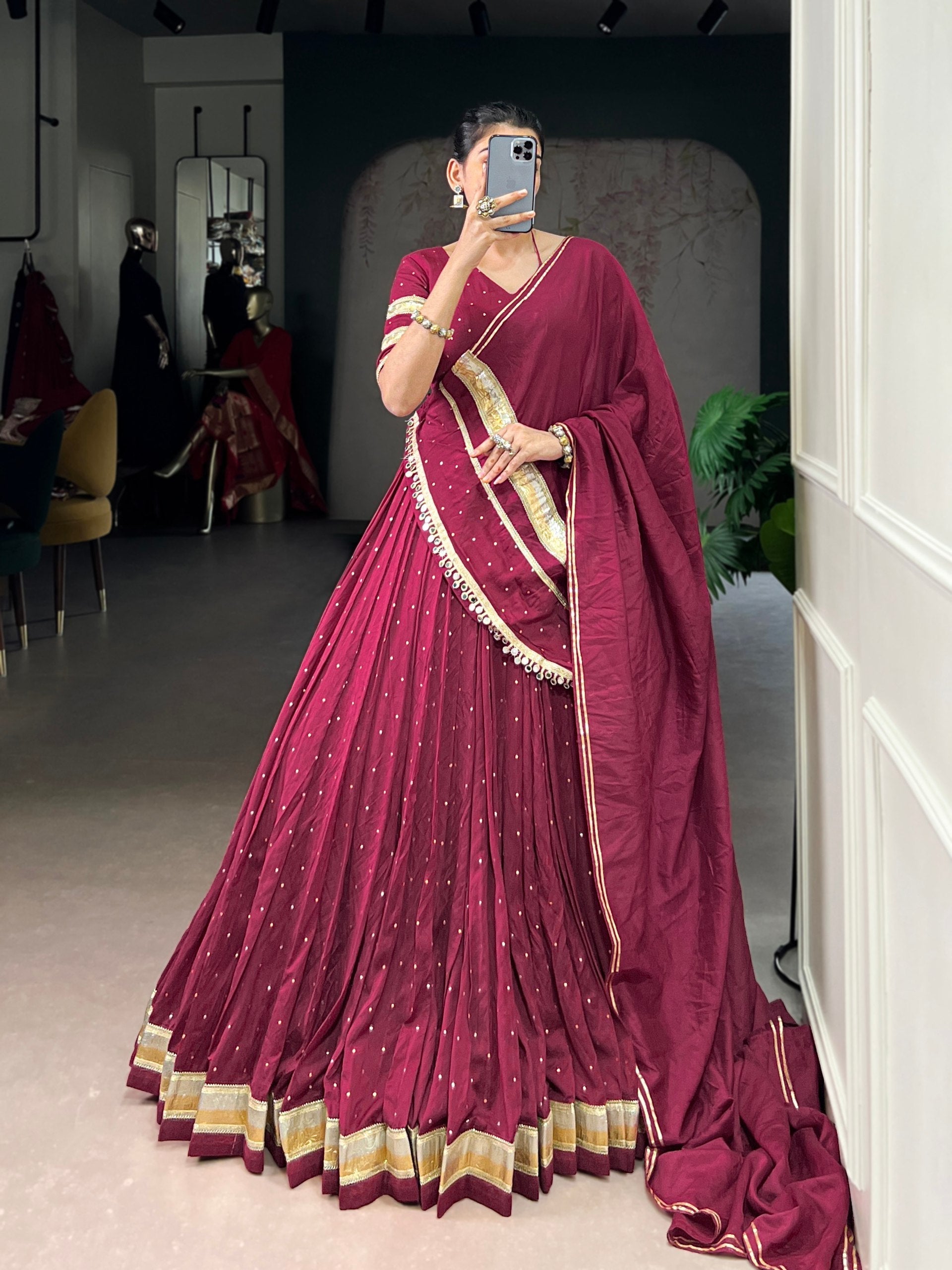 Burgundy Elegant Pure Chanderi Zari Weaving Lehenga Set with Embossed Design & Lace Touch-Up – 6-Meter Flair Stitched Lehenga, Blouse & Dupatta