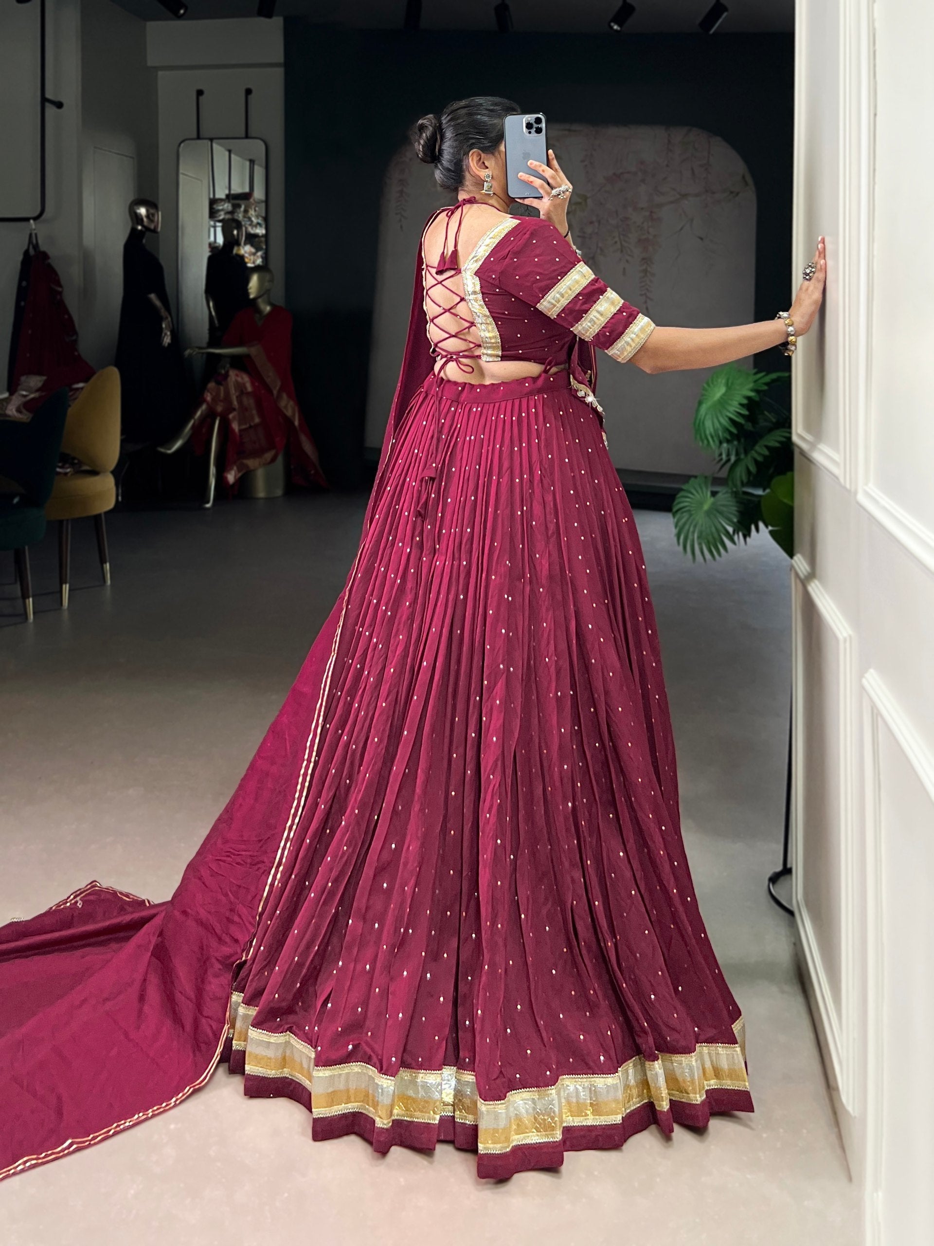 Burgundy Elegant Pure Chanderi Zari Weaving Lehenga Set with Embossed Design & Lace Touch-Up – 6-Meter Flair Stitched Lehenga, Blouse & Dupatta