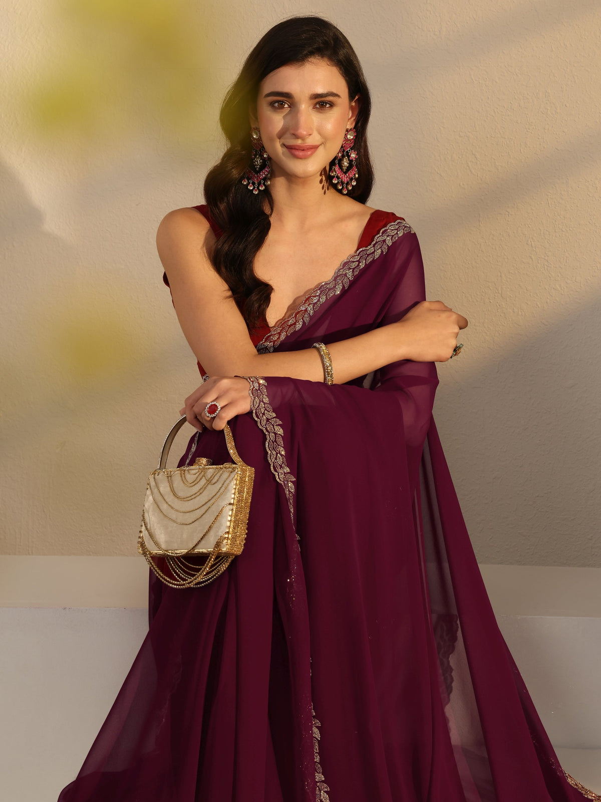 Anouk Burgundy Embellished Border Georgette Saree With Unstitched Blouse Piece