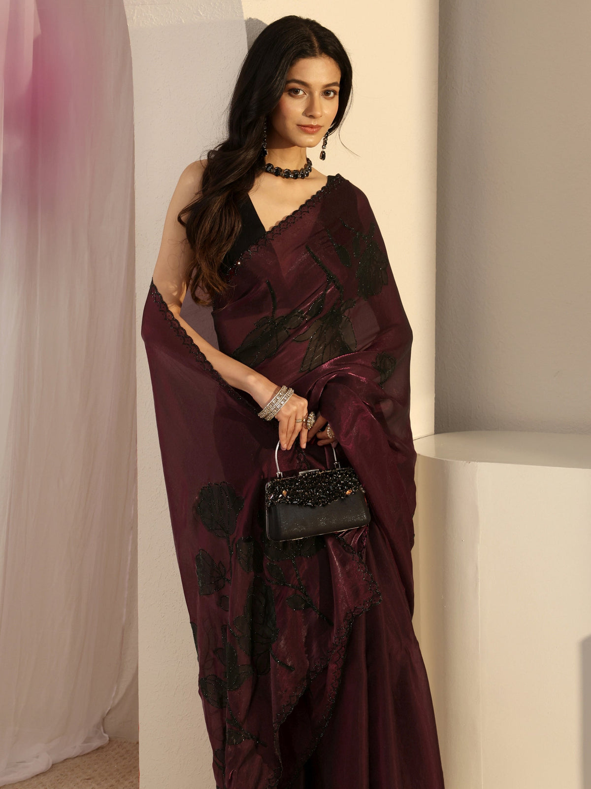 Anouk Burgundy Embellished Tissue Saree With Unstiched Blouse Piece
