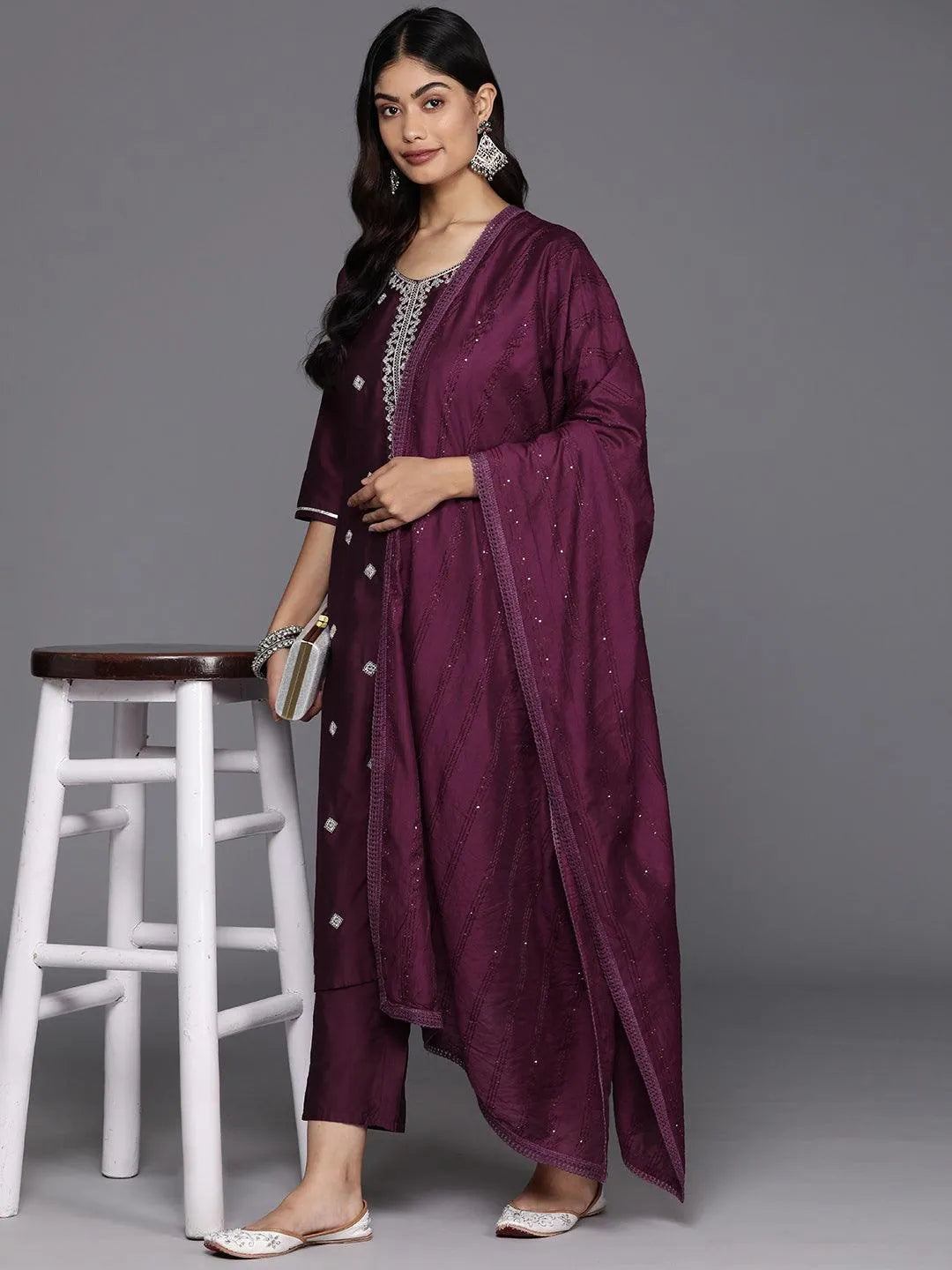 Anouk Burgundy Embroidered Silk Blend Straight Suit With Dupatta