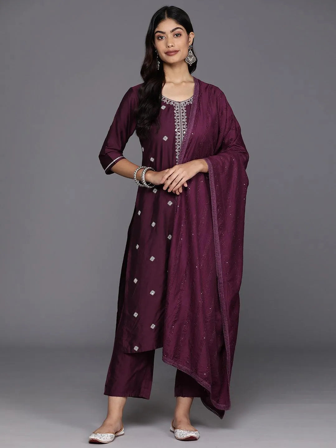 Anouk Burgundy Embroidered Silk Blend Straight Suit With Dupatta