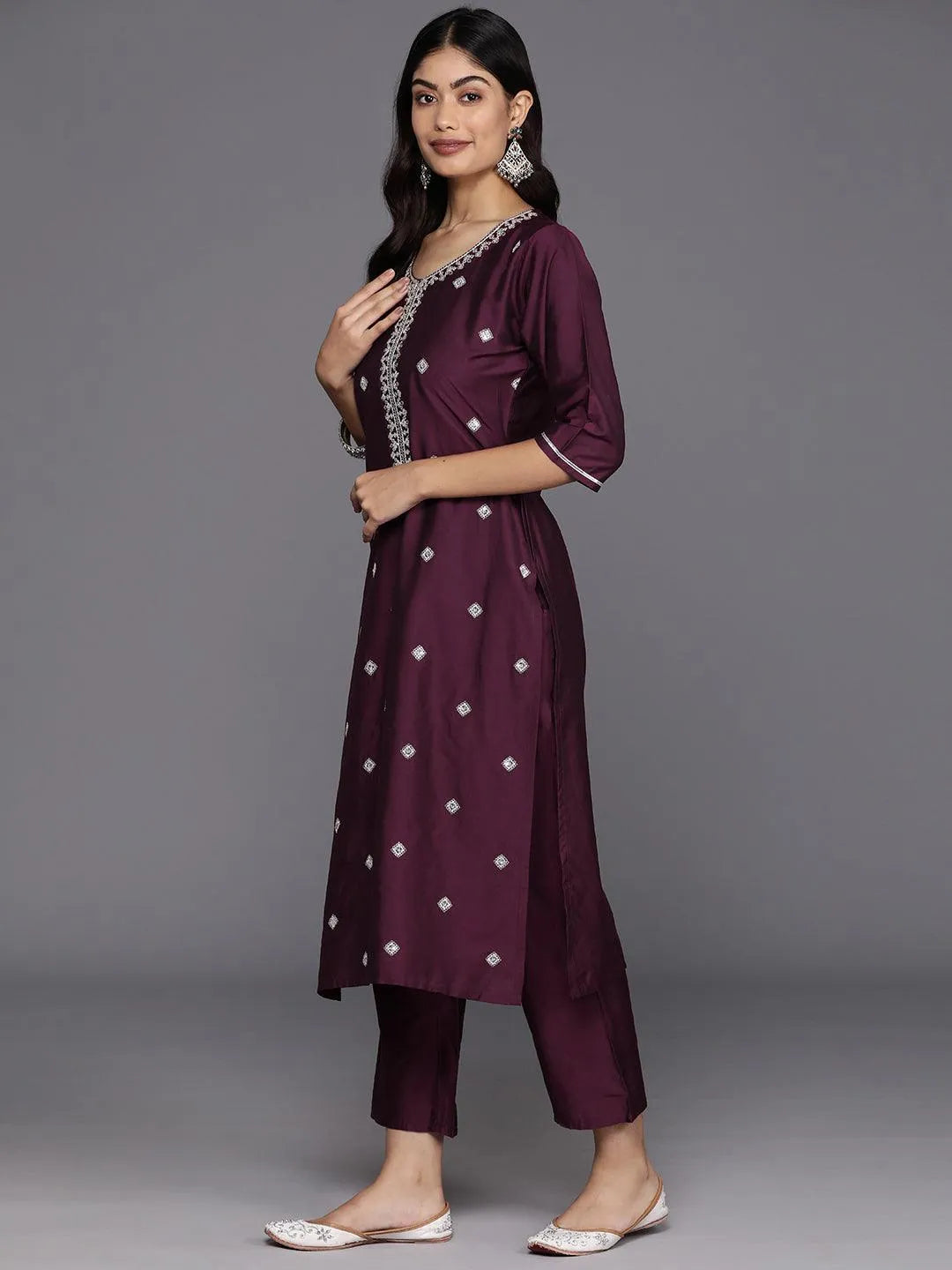 Anouk Burgundy Embroidered Silk Blend Straight Suit With Dupatta