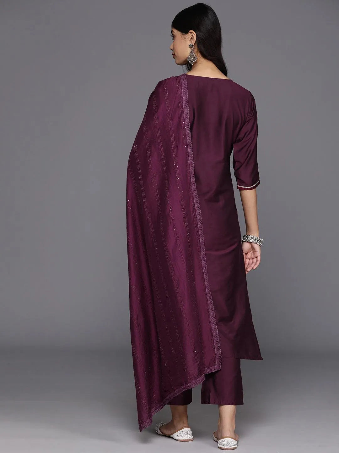 Anouk Burgundy Embroidered Silk Blend Straight Suit With Dupatta