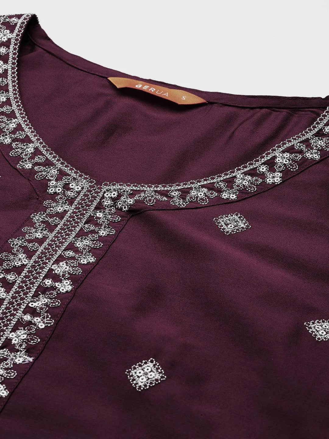 Anouk Burgundy Embroidered Silk Blend Straight Suit With Dupatta