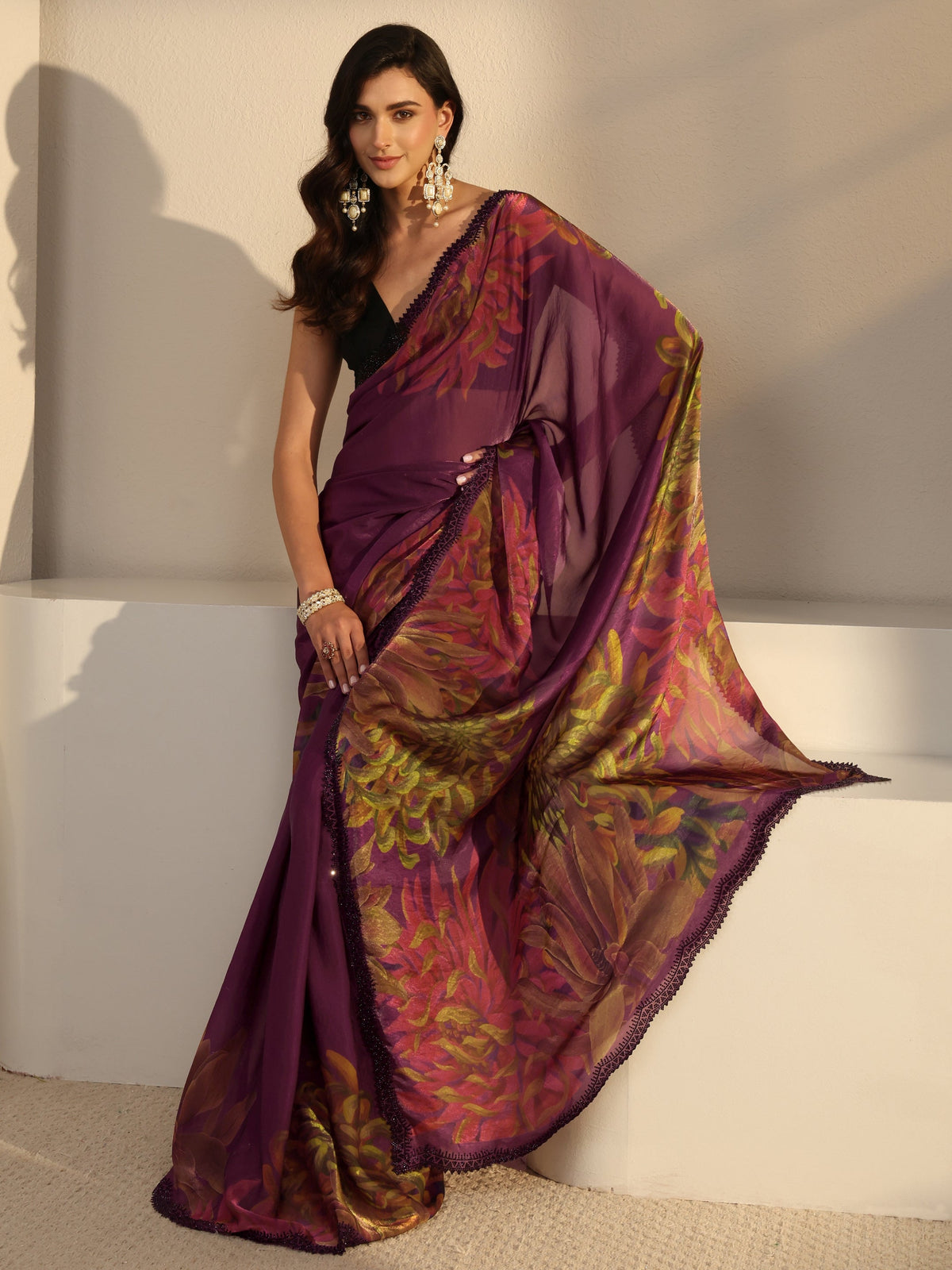 Anouk Burgundy Floral Printed Satin Saree With Unstitched Blouse Piece