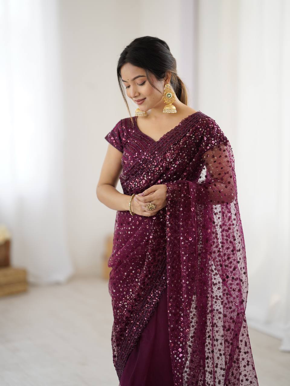 Burgundy Glitter Glamour and Everything in Between  Mesmerizing Net Saree Set