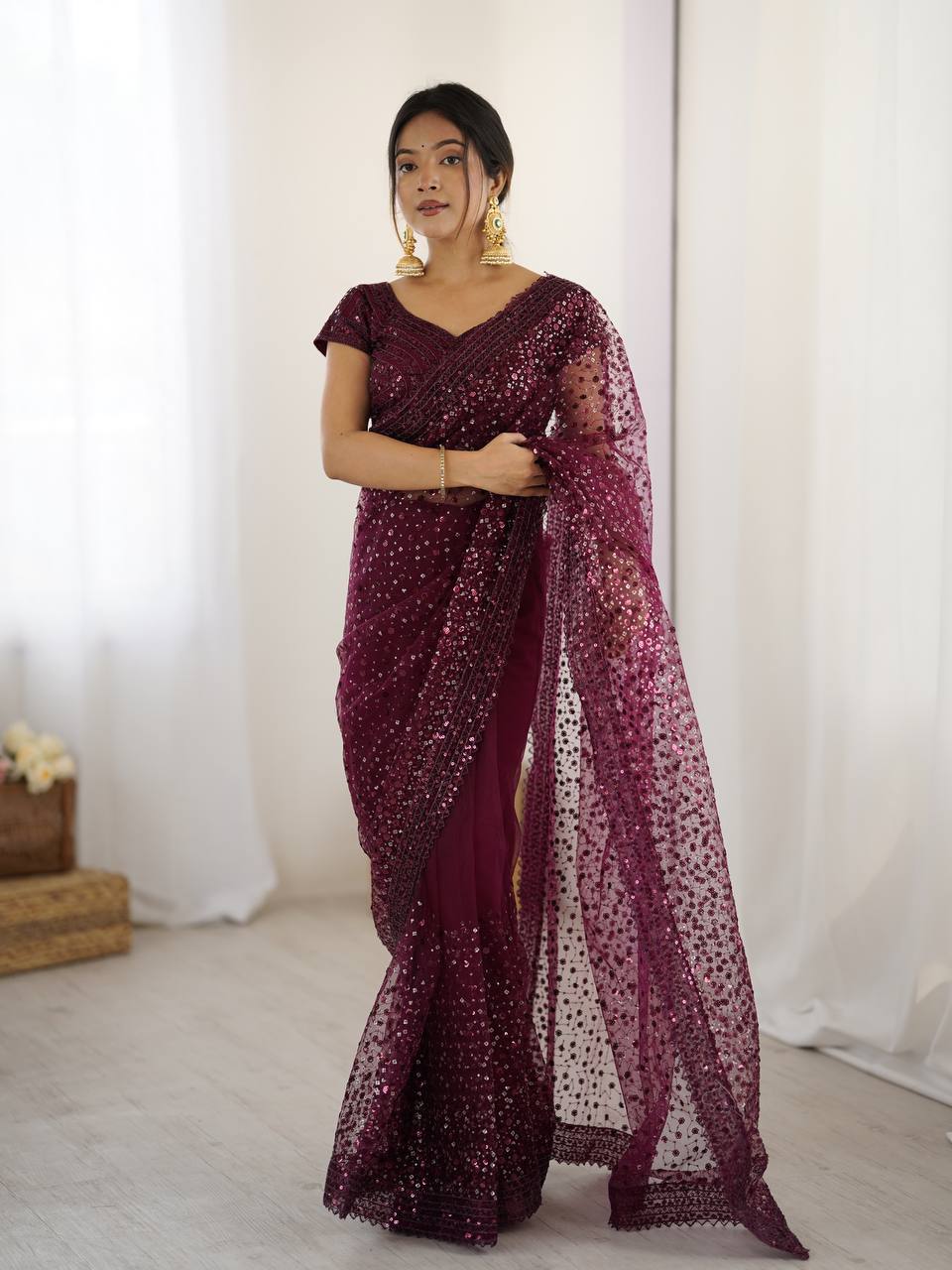 Burgundy Glitter Glamour and Everything in Between  Mesmerizing Net Saree Set