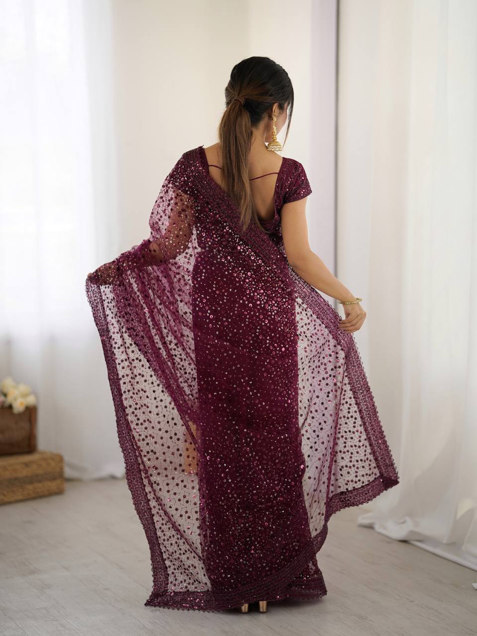Burgundy Glitter Glamour and Everything in Between  Mesmerizing Net Saree Set