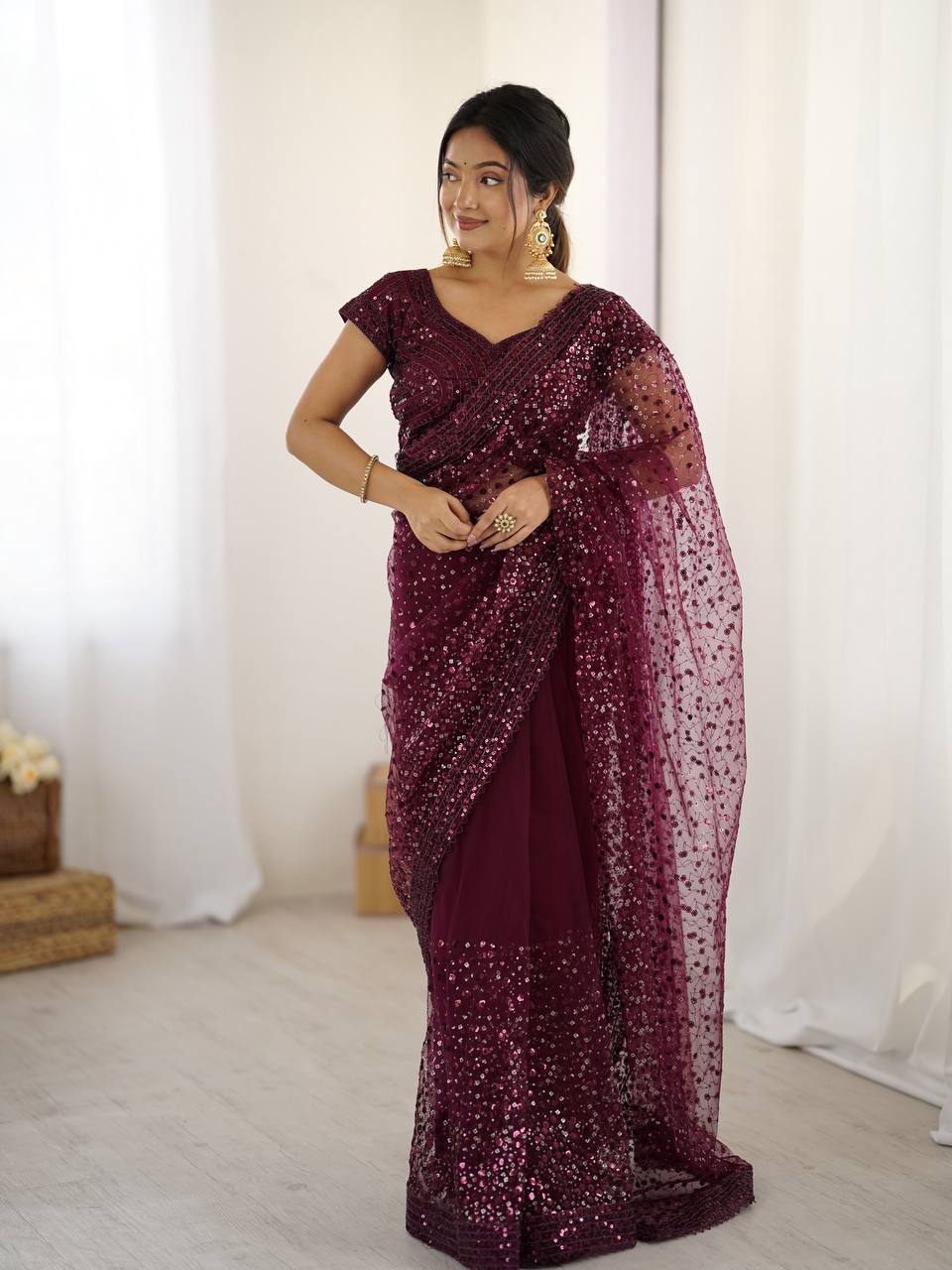 Burgundy Glitter Glamour and Everything in Between  Mesmerizing Net Saree Set