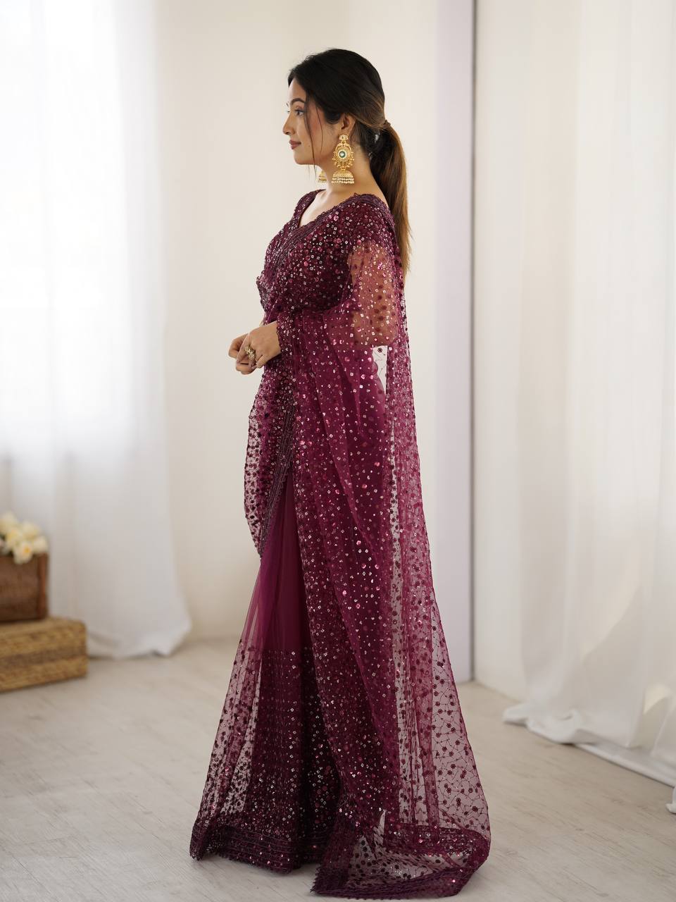 Burgundy Glitter Glamour and Everything in Between  Mesmerizing Net Saree Set