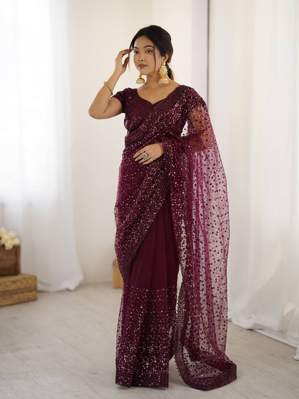 Burgundy Glitter Glamour and Everything in Between  Mesmerizing Net Saree Set