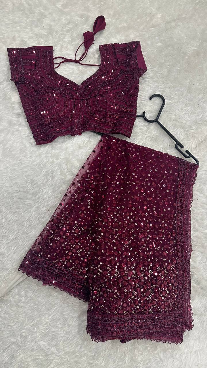Burgundy Glitter Glamour and Everything in Between  Mesmerizing Net Saree Set