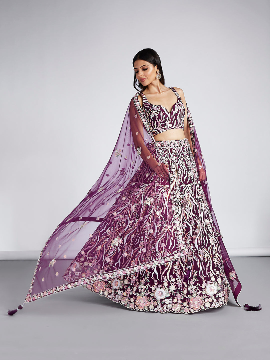 Burgundy Net Sequins and thread embroidery Semi-Stitched Lehenga choli & Dupatta