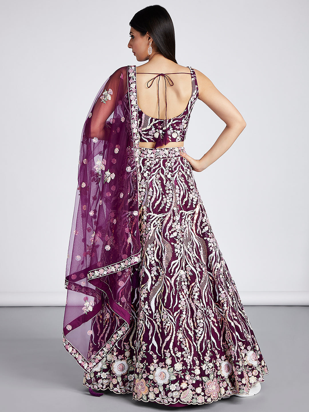 Burgundy Net Sequins and thread embroidery Semi-Stitched Lehenga choli & Dupatta