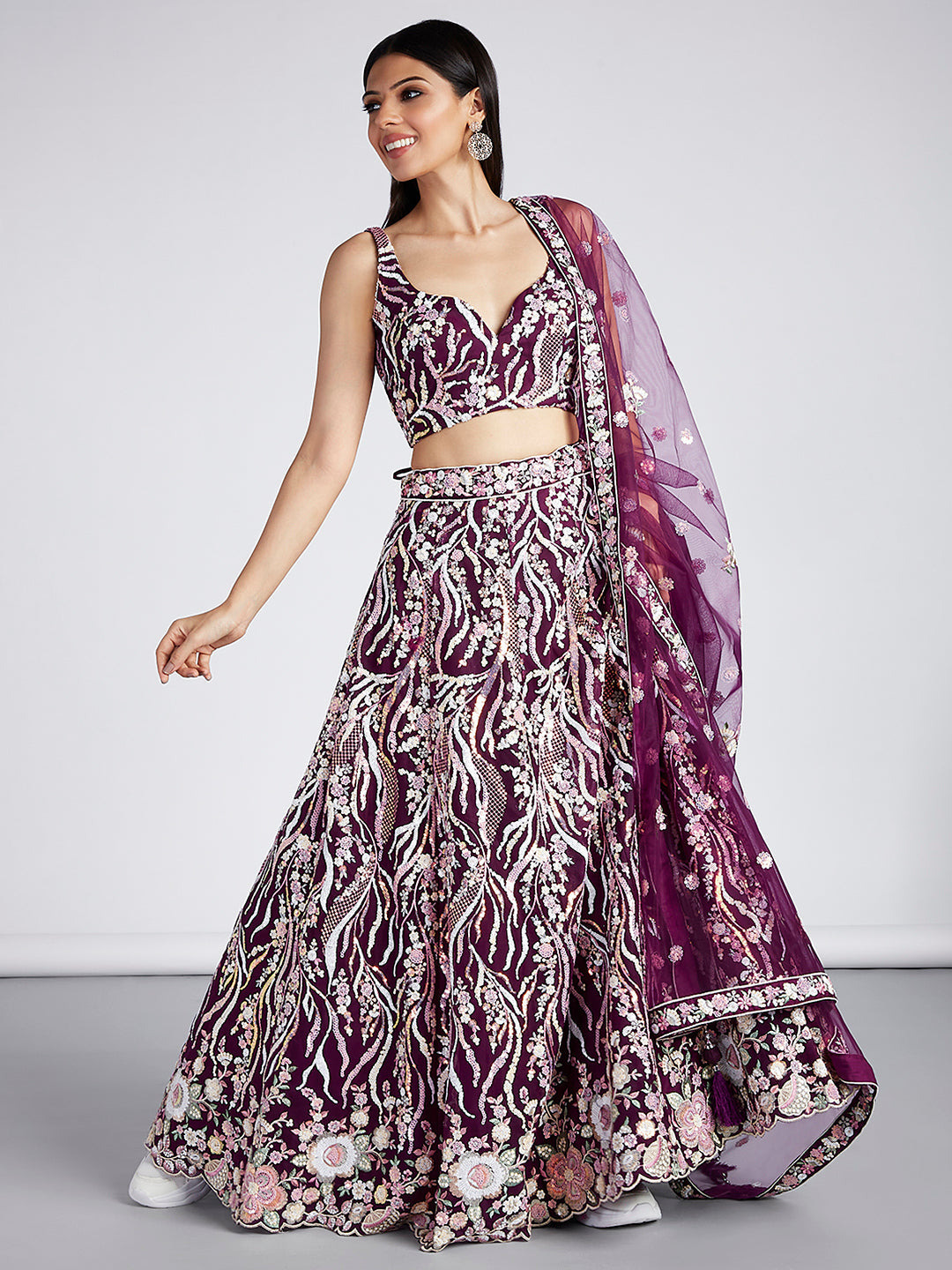 Burgundy Net Sequins and thread embroidery Semi-Stitched Lehenga choli & Dupatta