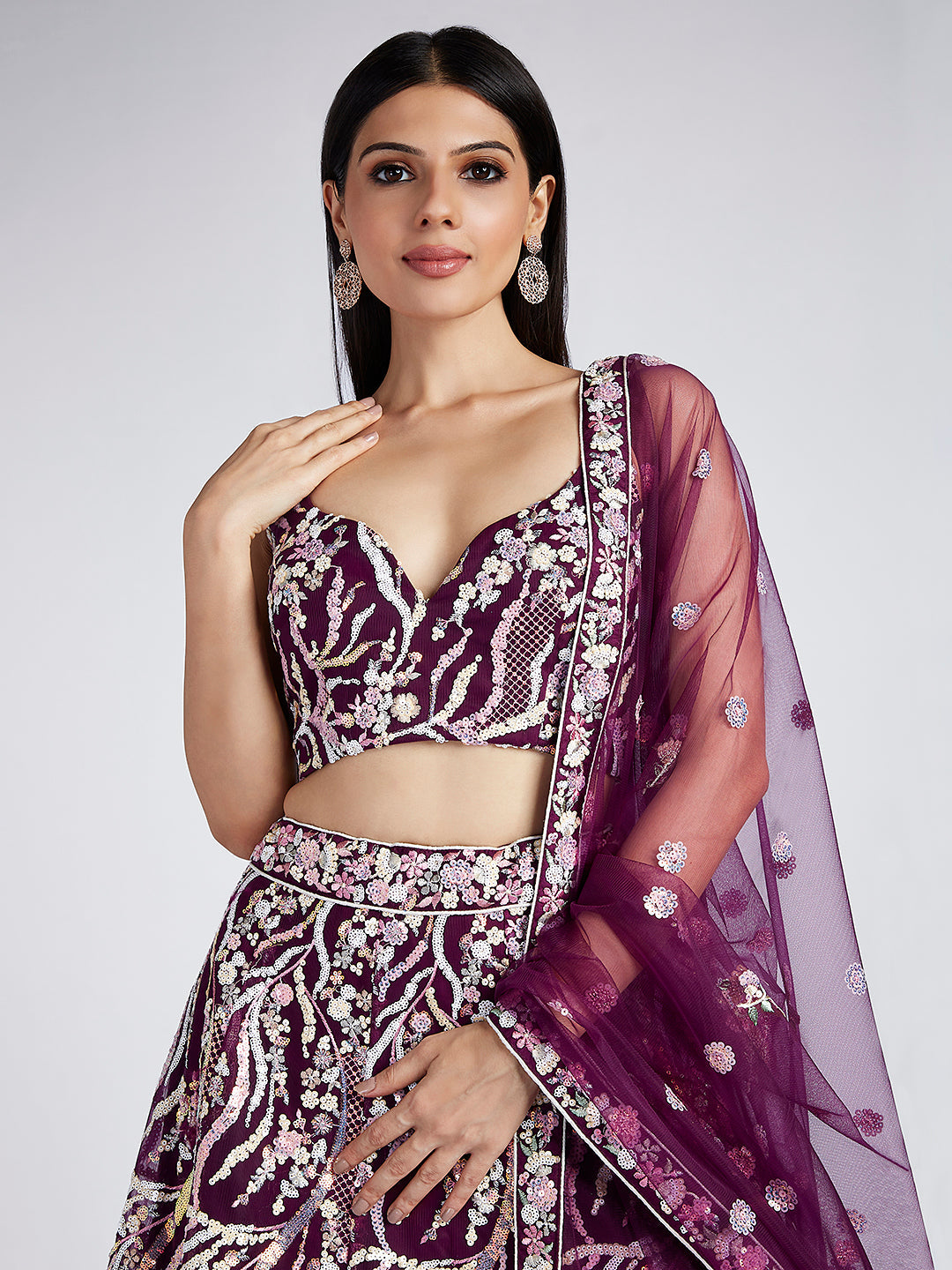 Burgundy Net Sequins and thread embroidery Semi-Stitched Lehenga choli & Dupatta