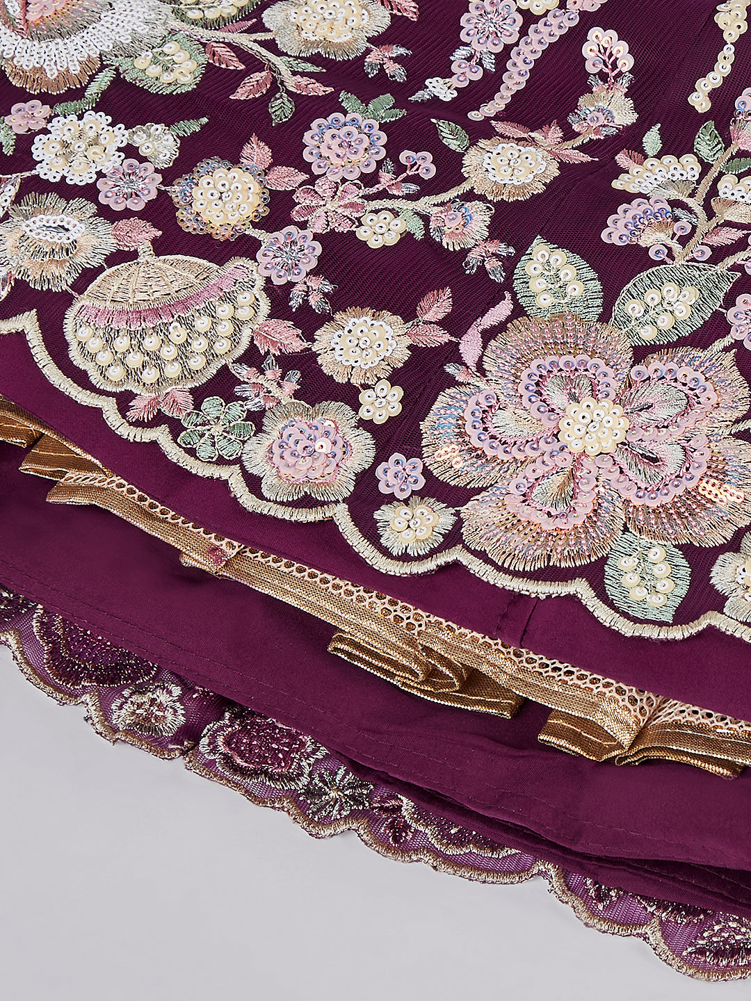Burgundy Net Sequins and thread embroidery Semi-Stitched Lehenga choli & Dupatta