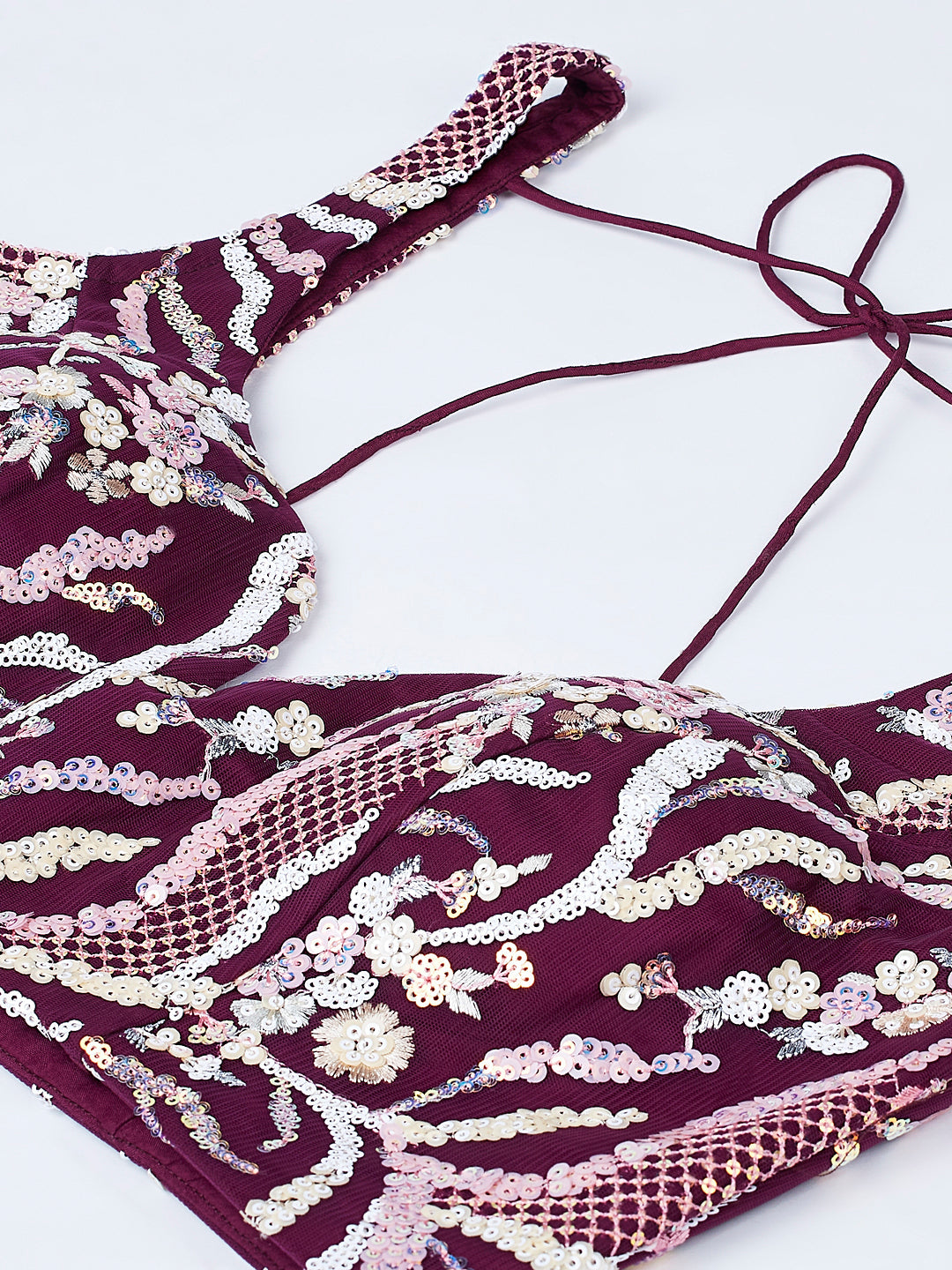 Burgundy Net Sequins and thread embroidery Semi-Stitched Lehenga choli & Dupatta