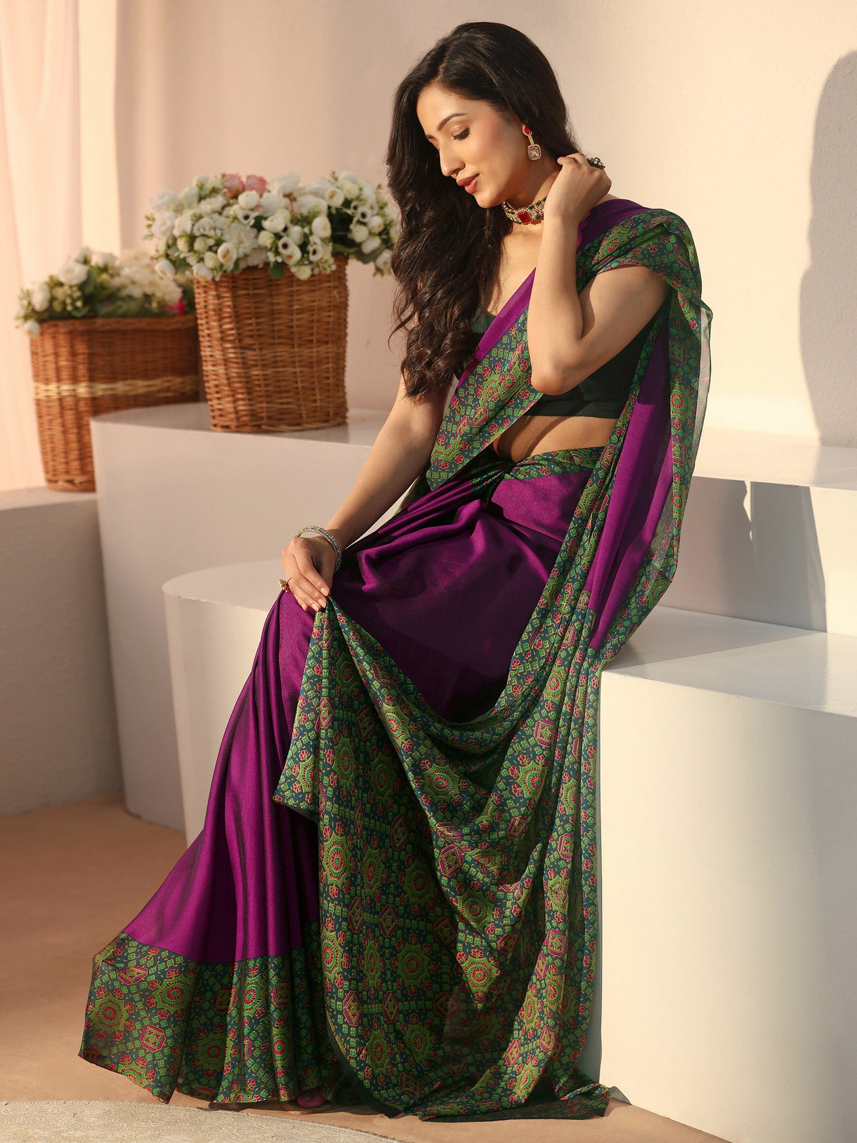 Anouk Burgundy Chiffon Saree with Printed Border