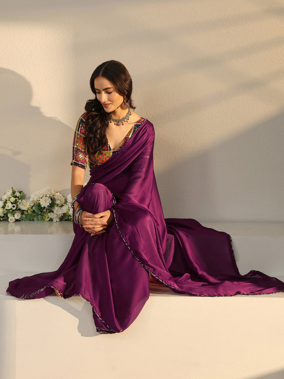 Anouk Burgundy Solid Chiffon Saree With Unstitched Blouse Piece