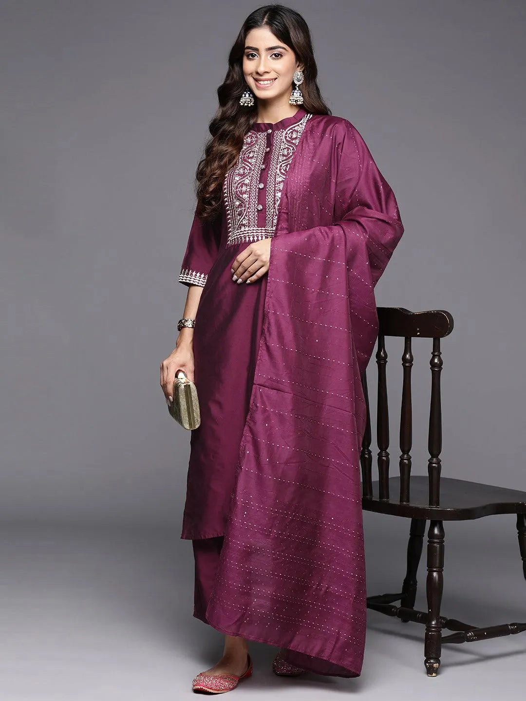 Anouk Burgundy Yoke Design Silk Blend Straight Suit With Dupatta