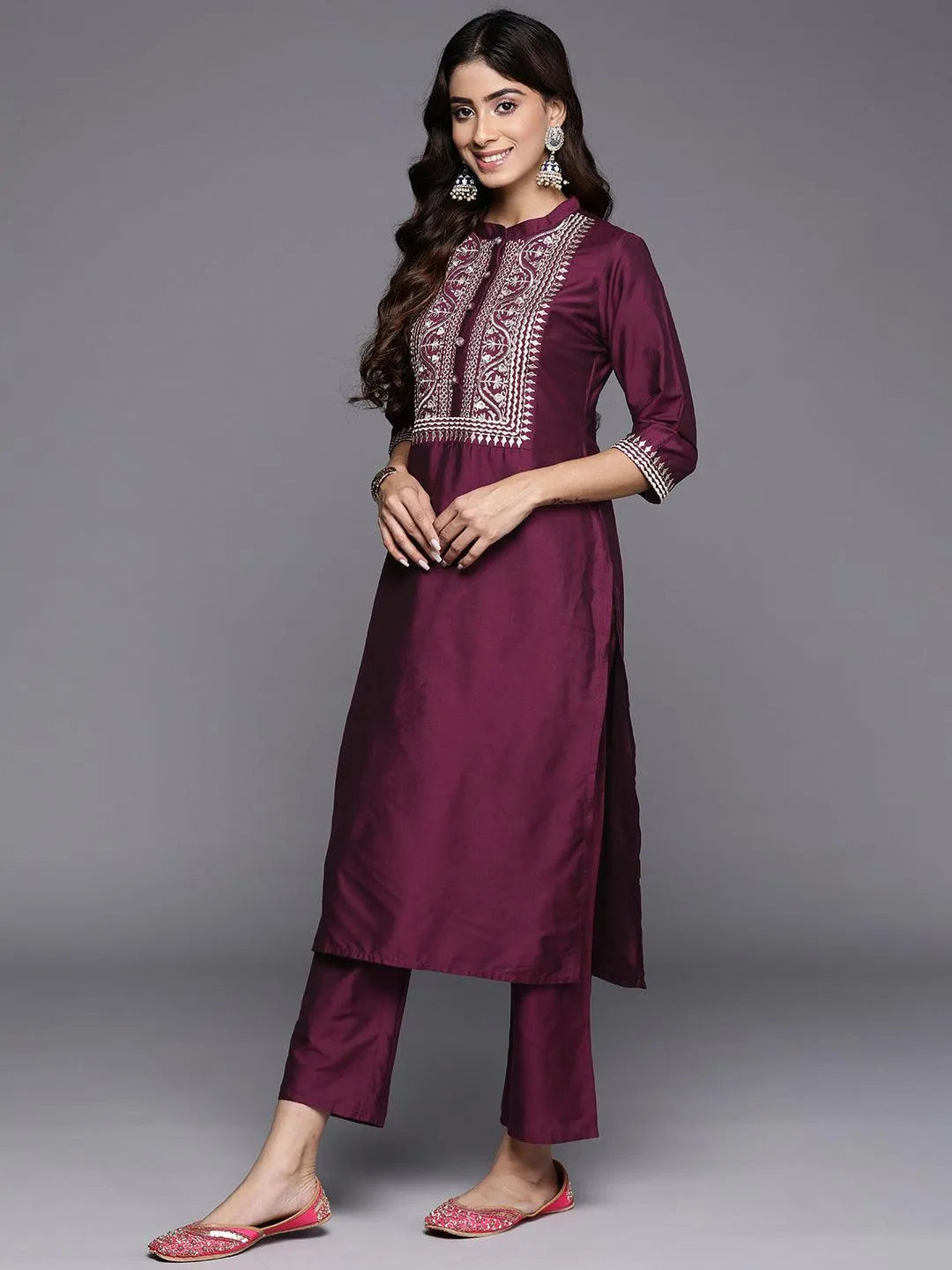 Anouk Burgundy Yoke Design Silk Blend Straight Suit With Dupatta