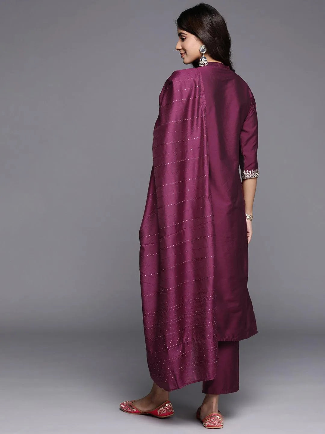 Anouk Burgundy Yoke Design Silk Blend Straight Suit With Dupatta