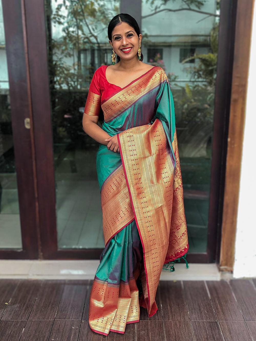 Teal Color Weaving zari work Banarasi Silk Saree