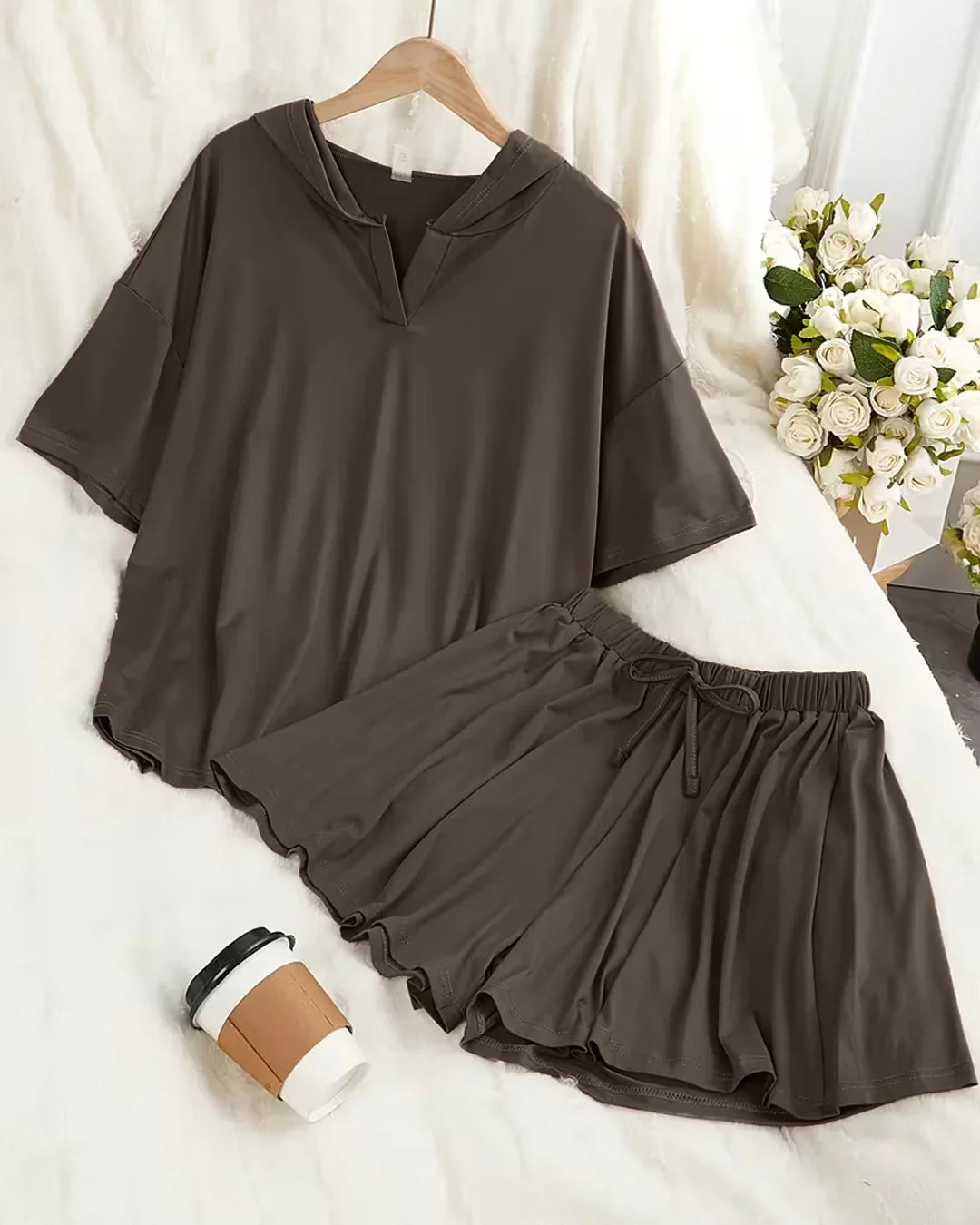 Casual Hoodie Sweatshirt and Drawstring Shorts Co-Ord Set in Brown