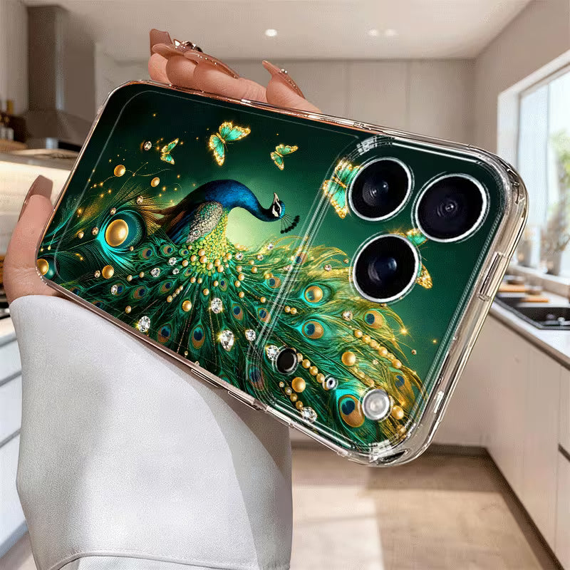 Luxury Golden Peacock Feather Glass Case for iPhone 📱✨