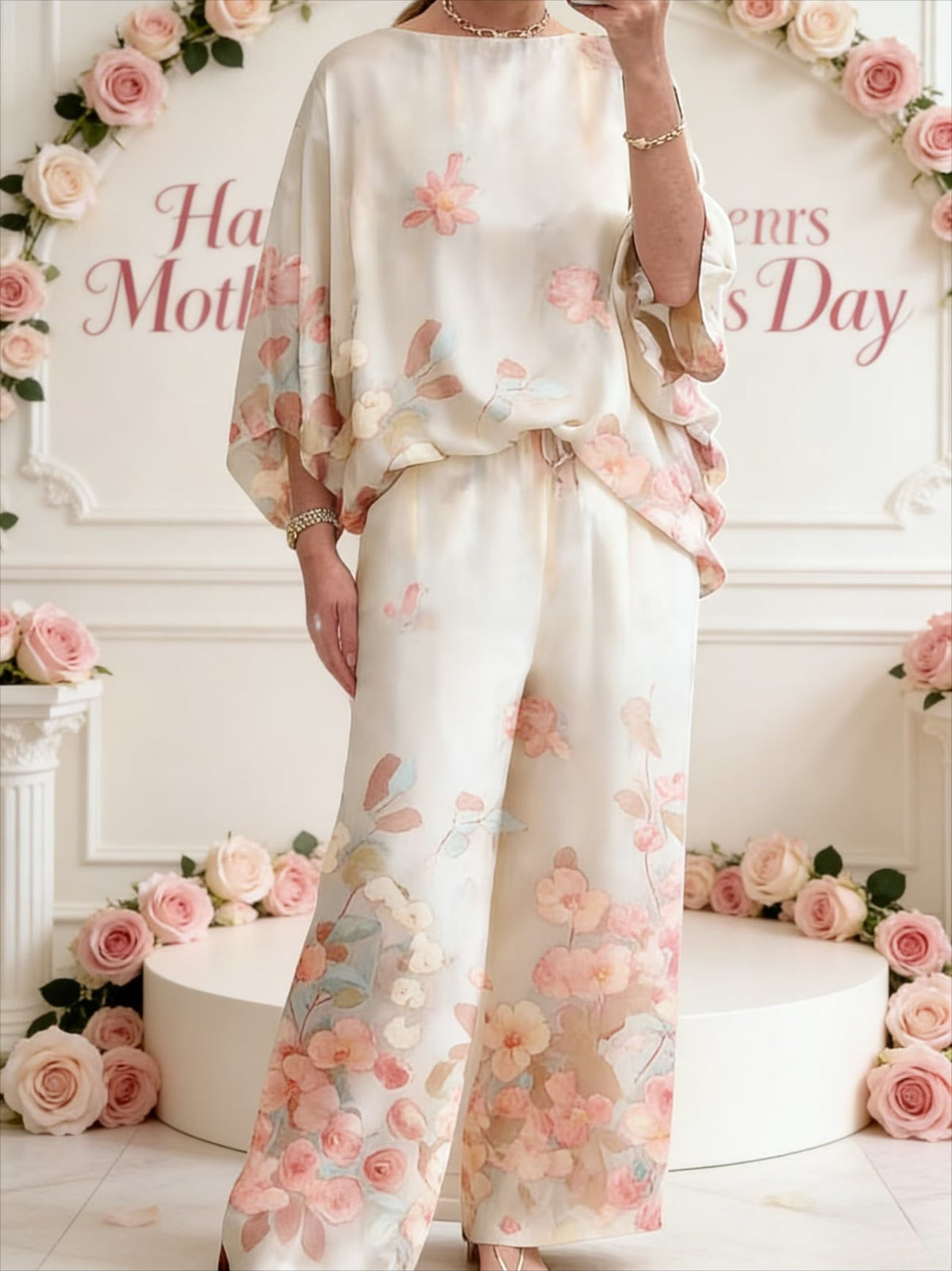 Women's Elegant Printed Batwing Sleeve Two-Piece Set