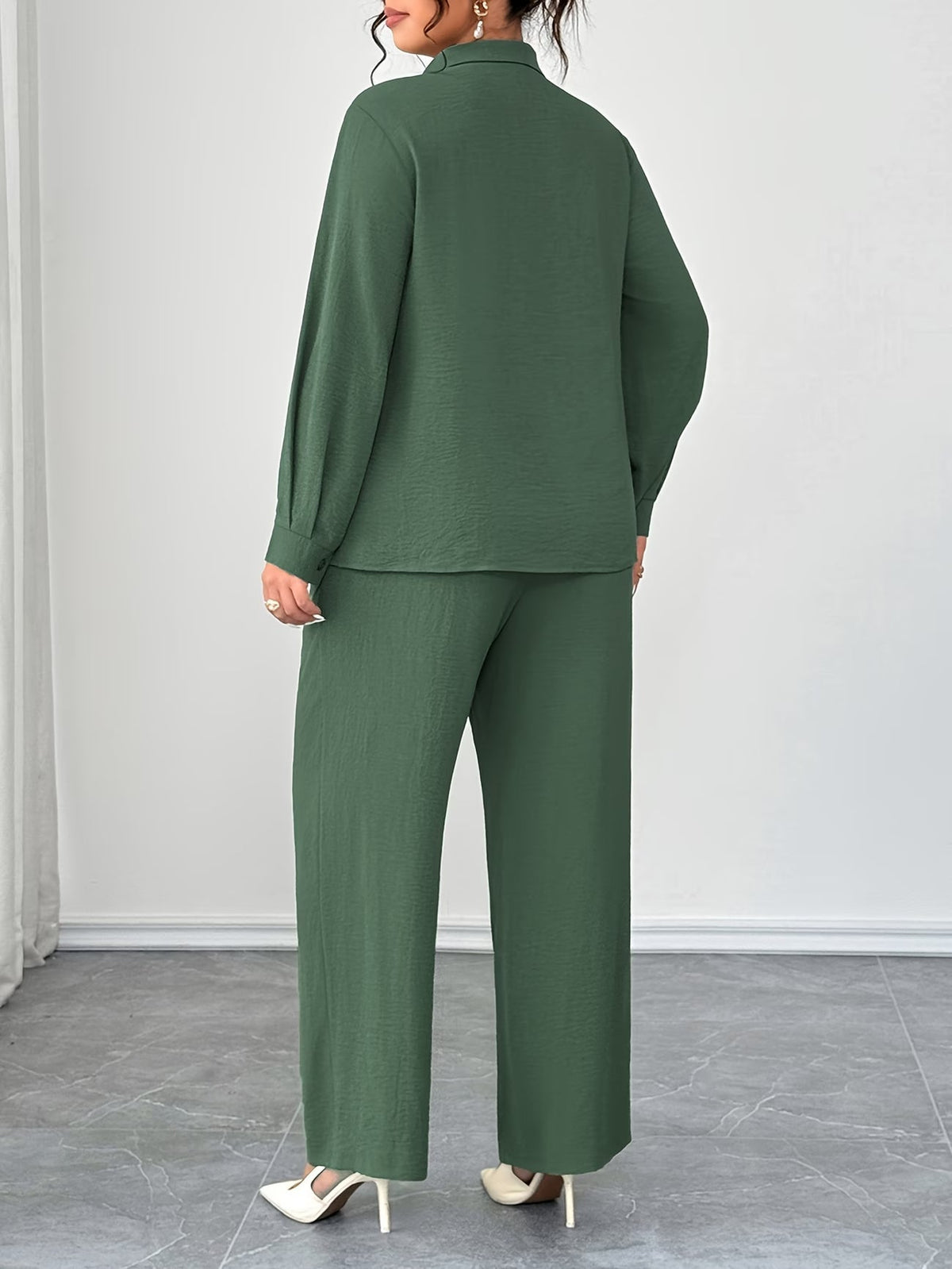 Plus Size Embroidered Oversized Co-Ord Set – Collared Shirt & Elastic Waist Straight-Leg Pants