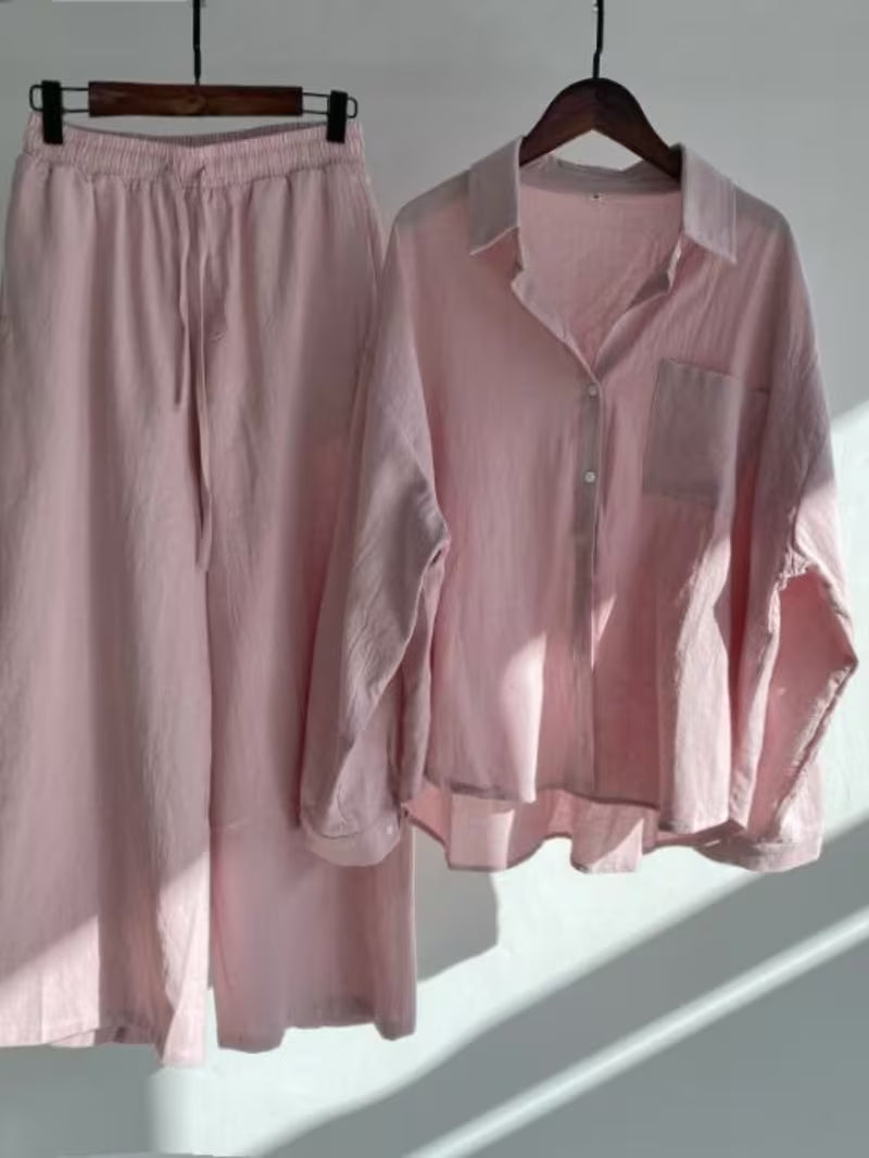 Vintage Linen Shirt Set with High-Waisted Wide-Leg Pants 2pcs Set
