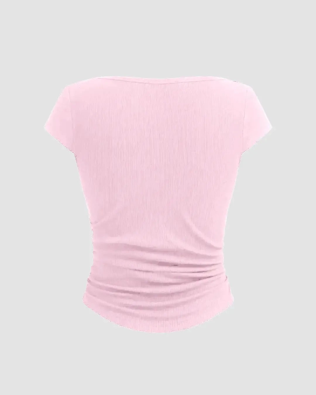 Boat Neck Solid Ruched Short Sleeve Baby Pink Top