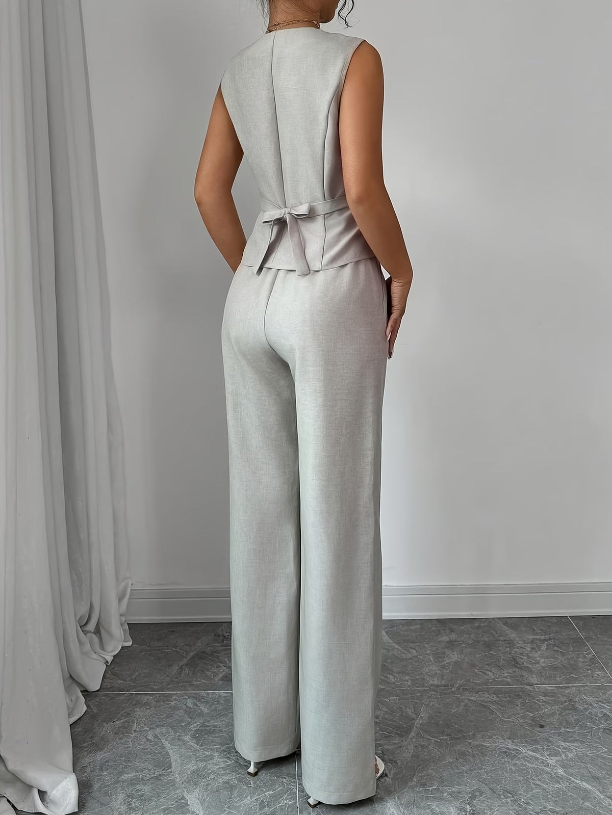 Women's Sleeveless Waist-Cinched Vest & Wide-Leg Pants Two-Piece Set