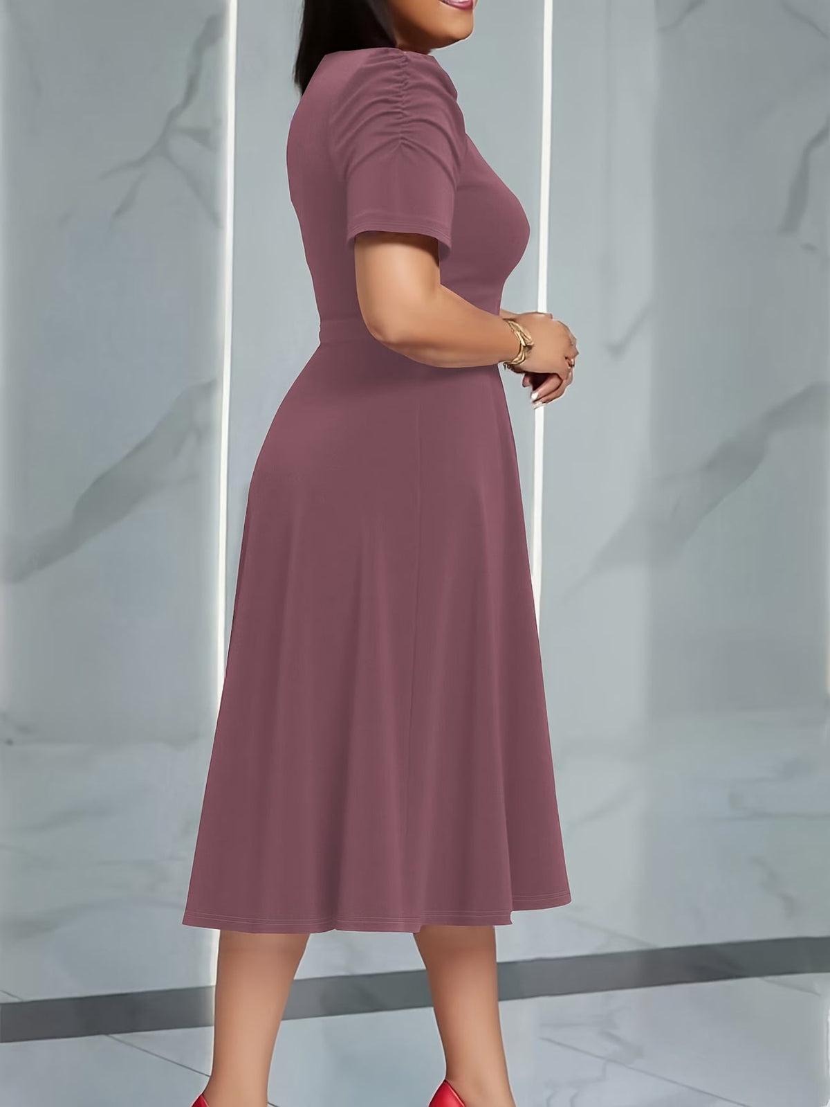 Women's Elegant V-Neck Ruffle Midi Dress with Waist Belt