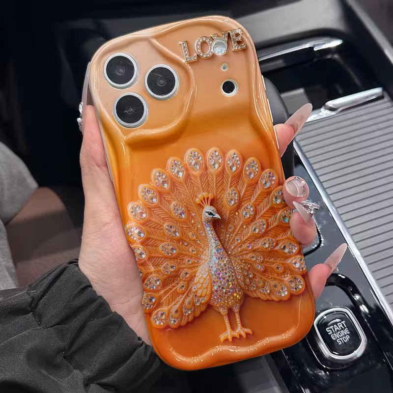 Luxury Golden Peacock Feather Glass Case for iPhone 📱✨