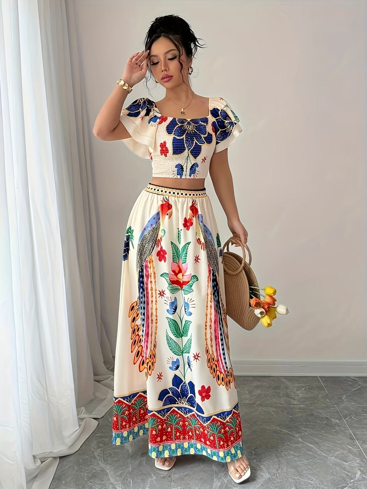 Women Summer Floral Top + Long Skirt Set