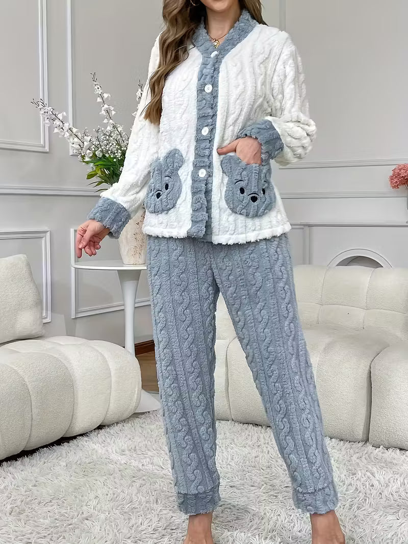 Pack Of 2 Women’s Winter Loungewear Set – Bear Embroidery, Soft And Comfortable