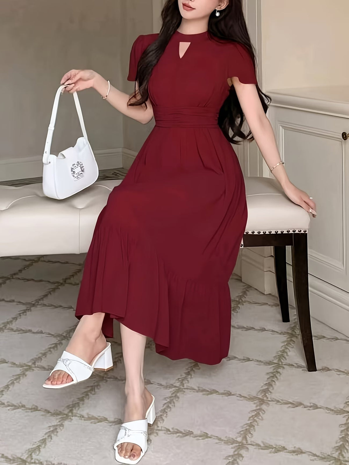 Women's Elegant Pleated Waist Ruffle Hem Maxi Dress
