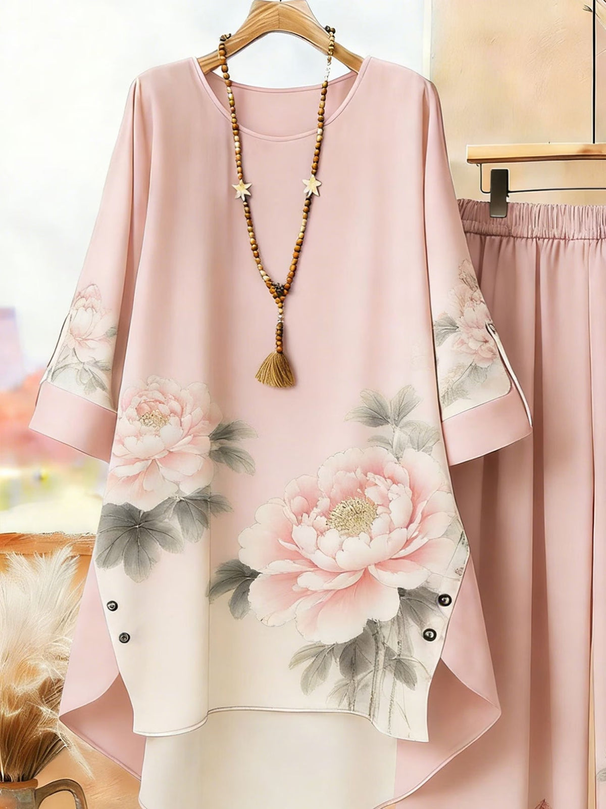 Plus Size Bohemian Printed Co-Ord Set – V-Neck Casual Tunic & Pants Outfit