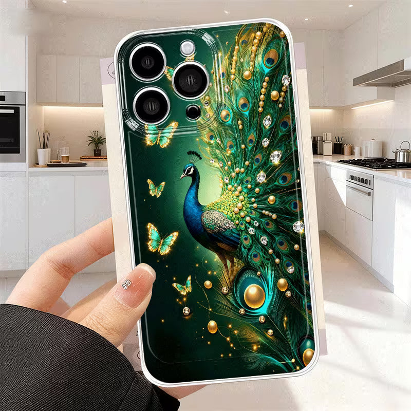 Luxury Golden Peacock Feather Glass Case for iPhone 📱✨