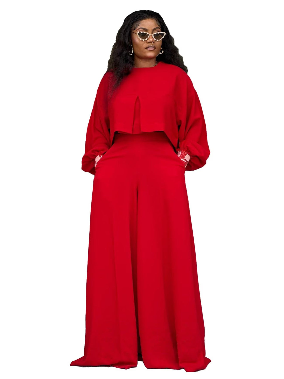 Plus Size Elegant Lantern Sleeve Top & Wide-Leg Pants Set