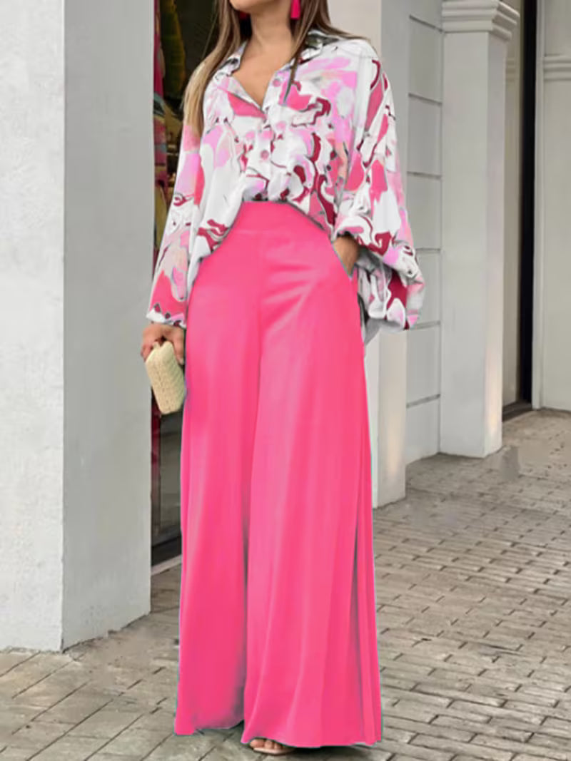 Women’s Printed Shirt & Wide-Leg Trousers Set – Casual Fashion Outfit