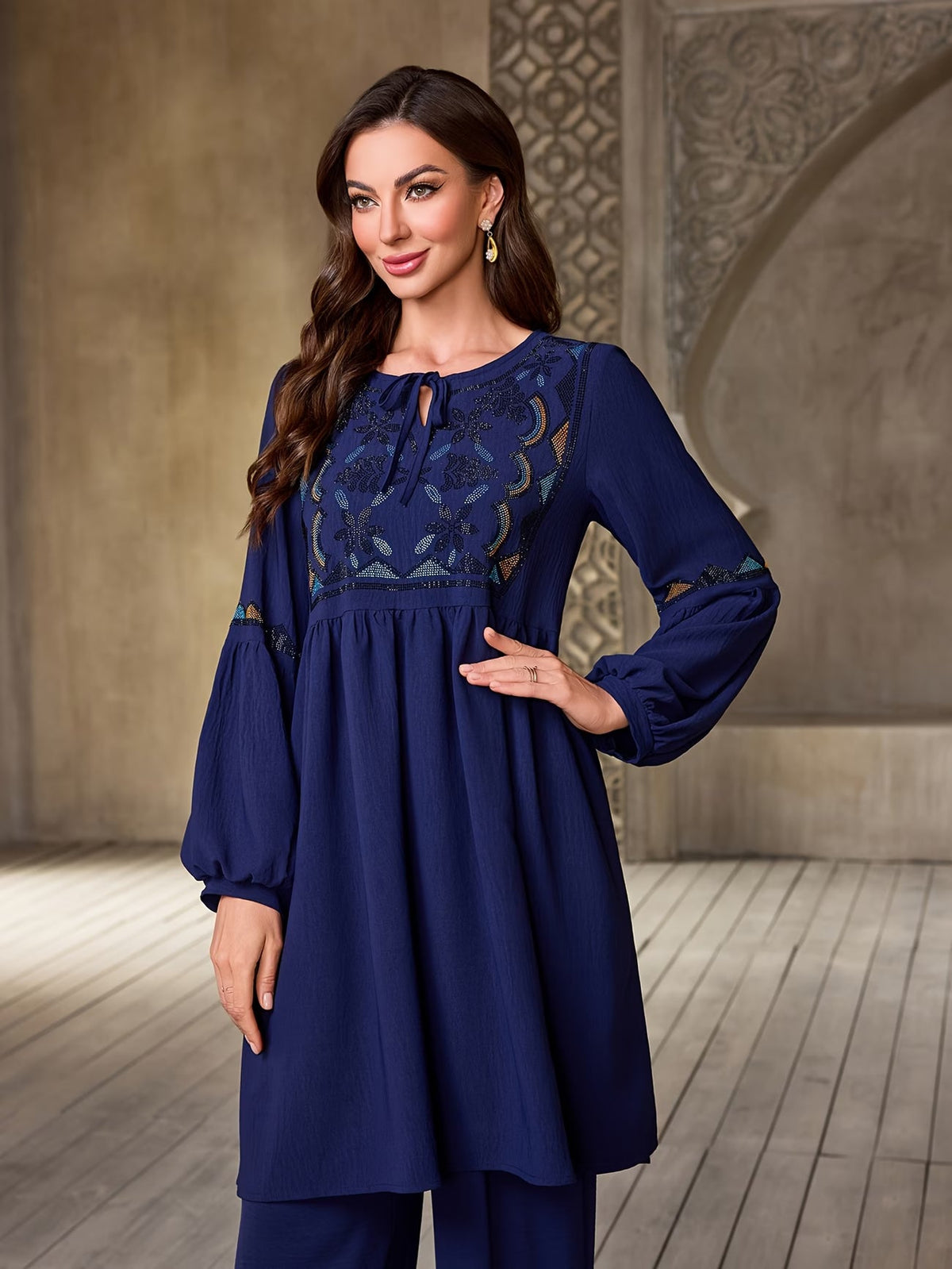 Women's Elegant Rhinestone Detail Long Sleeve Top & Wide-Leg Pants Set
