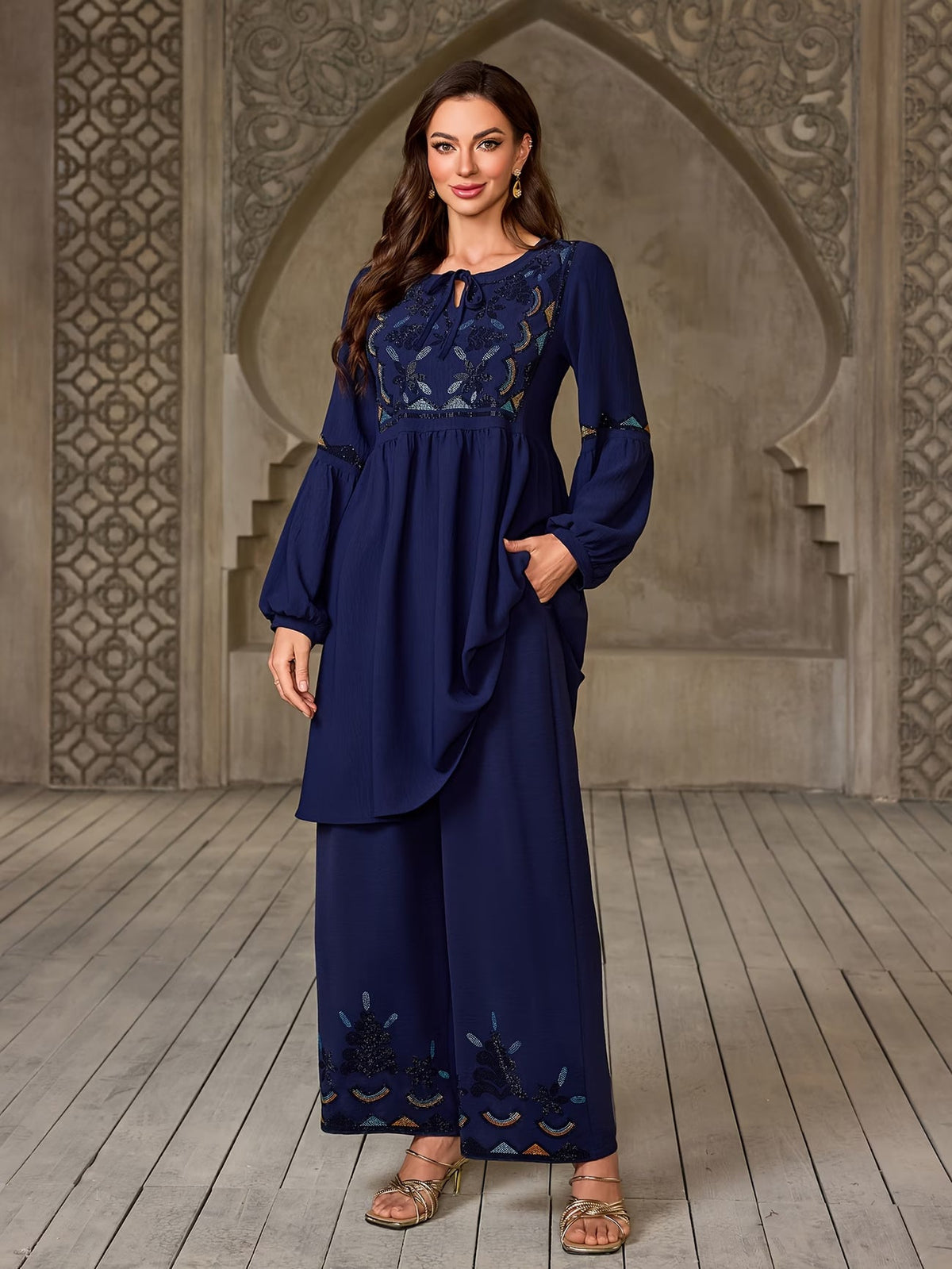 Women's Elegant Rhinestone Detail Long Sleeve Top & Wide-Leg Pants Set