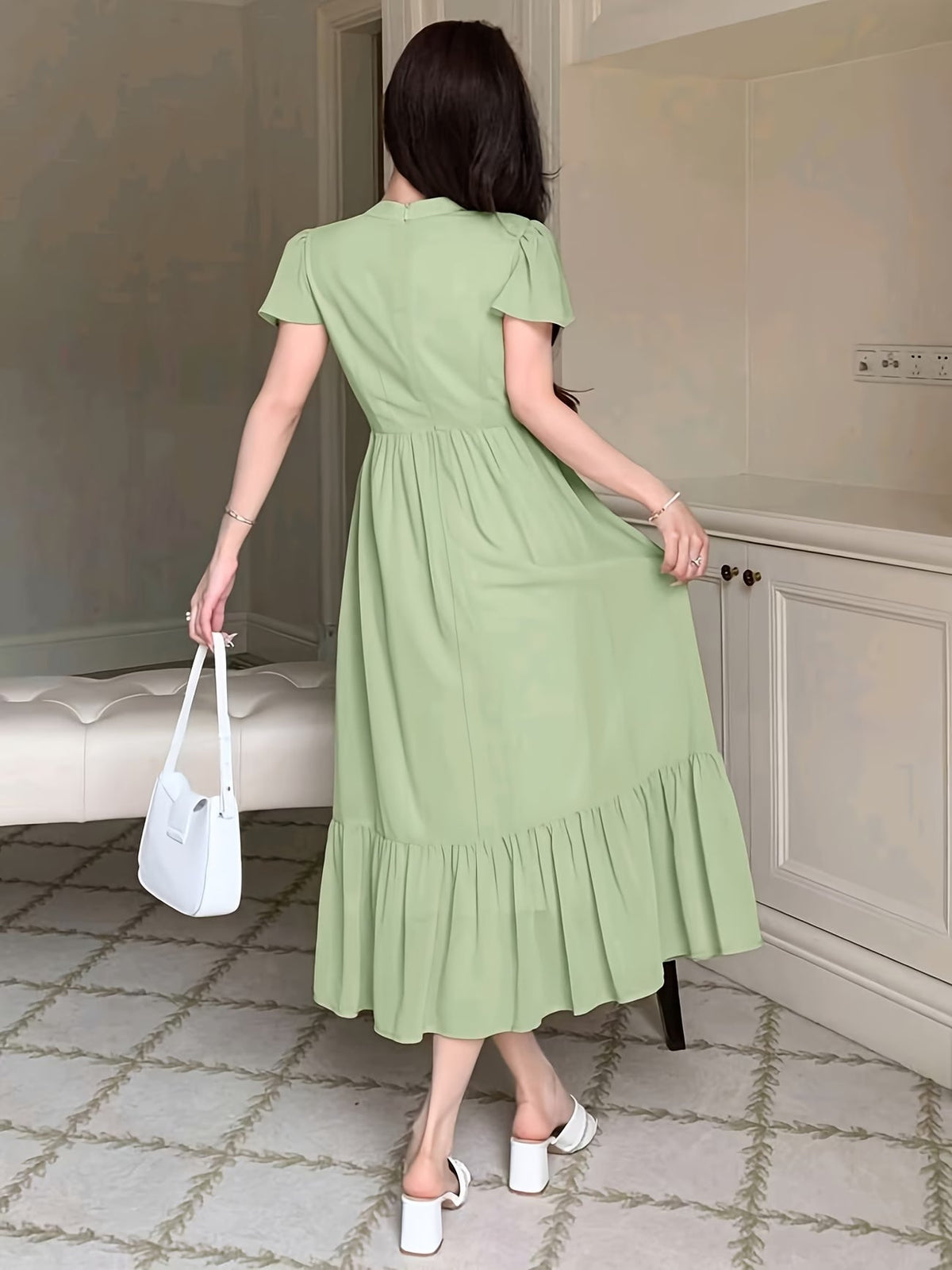 Women's Elegant Pleated Waist Ruffle Hem Maxi Dress