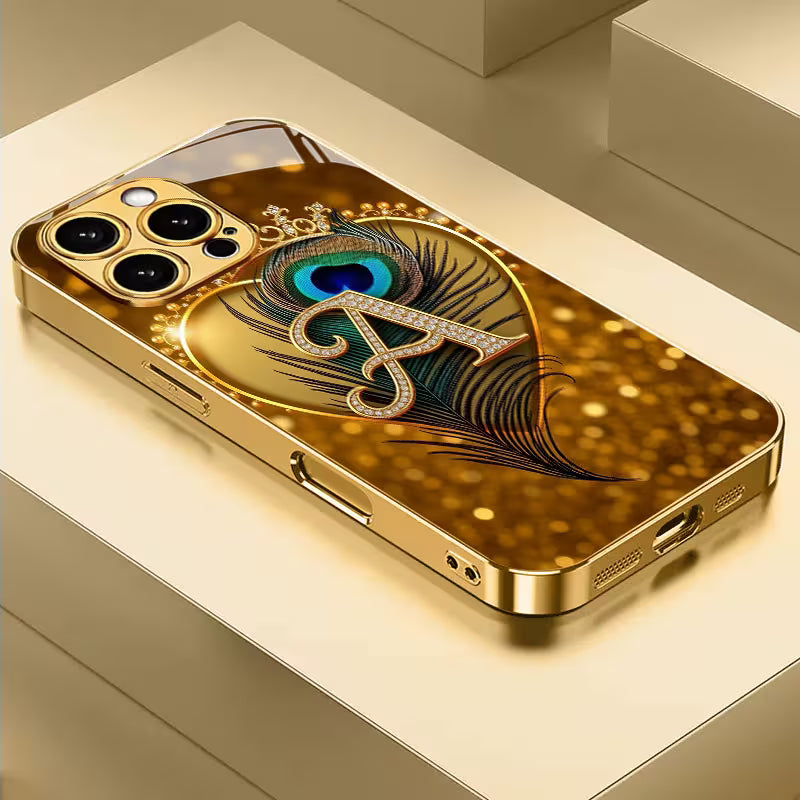 Luxury Golden Peacock Feather Glass Case for iPhone 📱✨